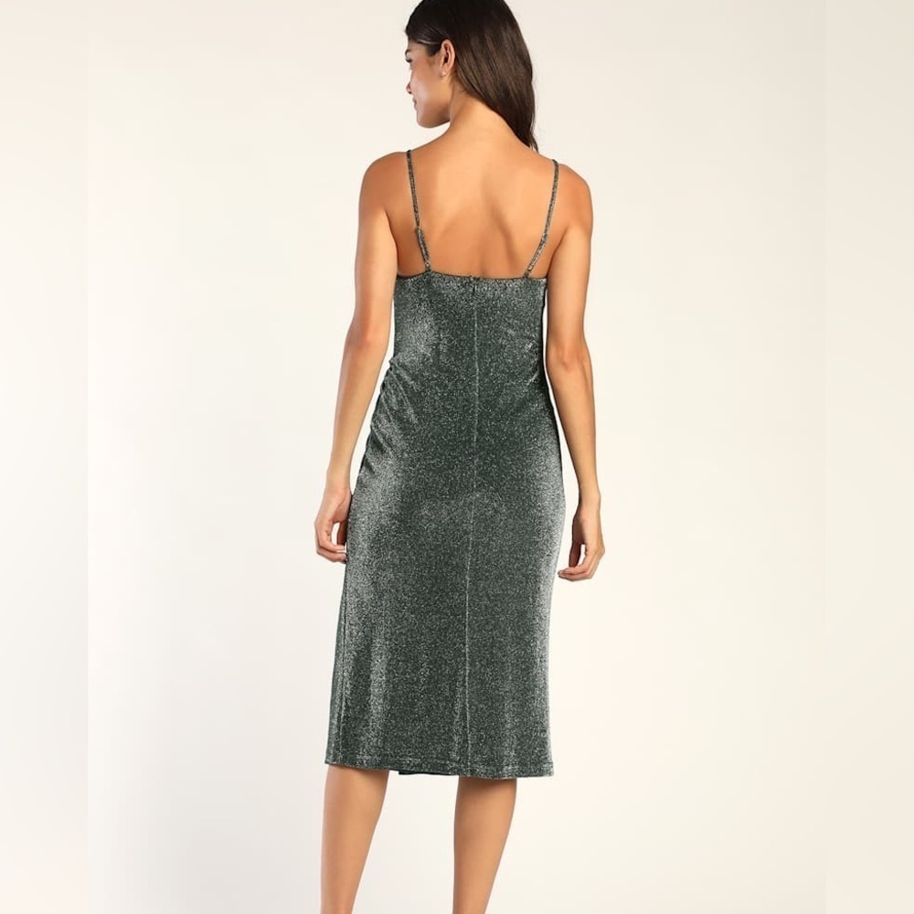 NWT Lulus Wishing On You Green and Silver Cowl Neck Ruched Midi Dress - Picture 7 of 7